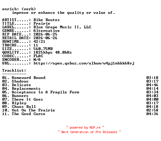 NFO for the release Bike_Routes-Prairie-24BIT-WEB-FLAC-2026-ENRiCH by ENRiCH