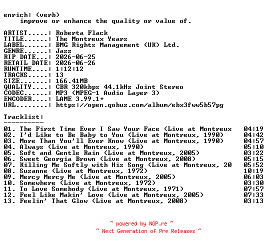 NFO for the release Roberta_Flack-The_Montreux_Years-WEB-2026-ENRiCH by ENRiCH