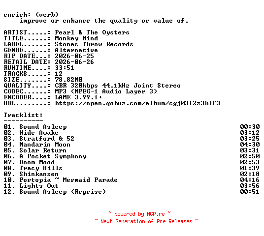 NFO for the release Pearl_and_The_Oysters-Monkey_Mind-WEB-2026-ENRiCH by ENRiCH