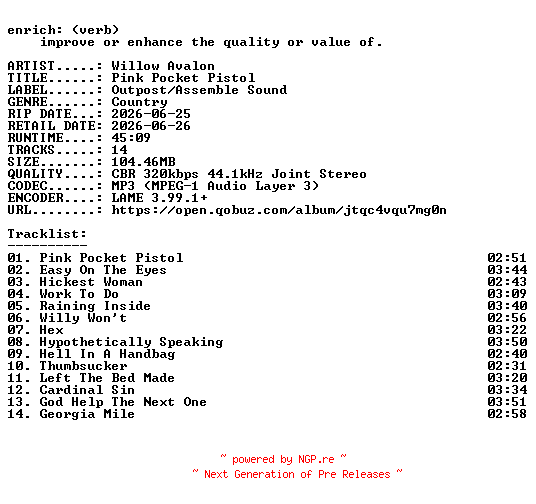 NFO for the release Willow_Avalon-Pink_Pocket_Pistol-WEB-2026-ENRiCH by ENRiCH