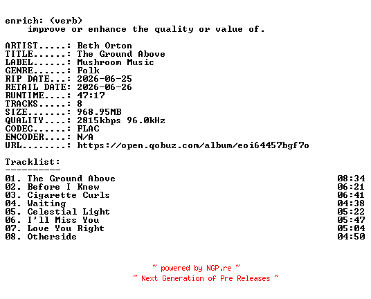 NFO for the release Beth_Orton-The_Ground_Above-24BIT-WEB-FLAC-2026-ENRiCH by ENRiCH