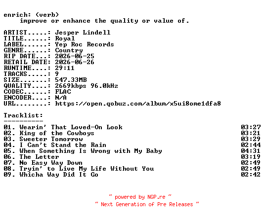 NFO for the release Jesper_Lindell-Royal-24BIT-WEB-FLAC-2026-ENRiCH by ENRiCH