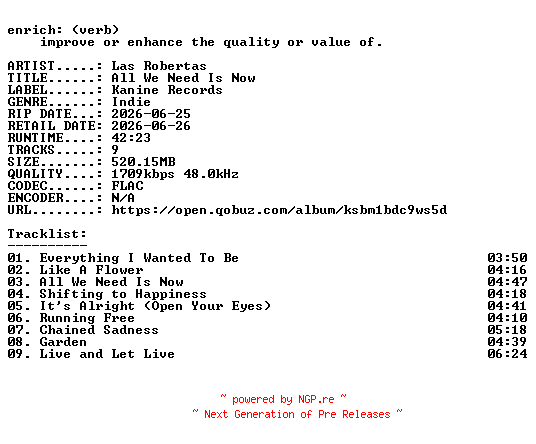 NFO for the release Las_Robertas-All_We_Need_Is_Now-24BIT-WEB-FLAC-2026-ENRiCH by ENRiCH