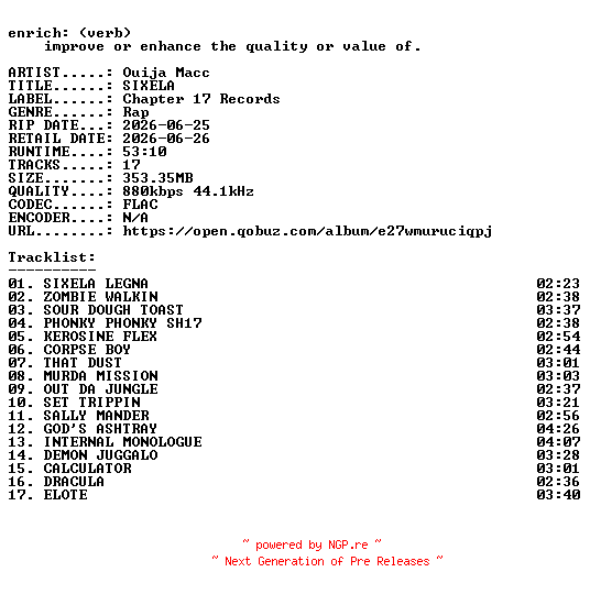 NFO for the release Ouija_Macc-SIXELA-24BIT-WEB-FLAC-2026-ENRiCH by ENRiCH