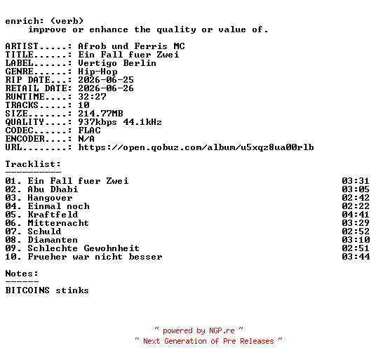 NFO for the release Afrob_und_Ferris_MC-Ein_Fall_fuer_Zwei-DE-16BIT-WEB-FLAC-2026-ENRiCH by ENRiCH