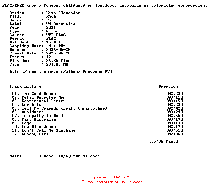 NFO for the release Kita_Alexander-RAGE-16BIT-WEB-FLAC-2026-FLACKERED by FLACKERED