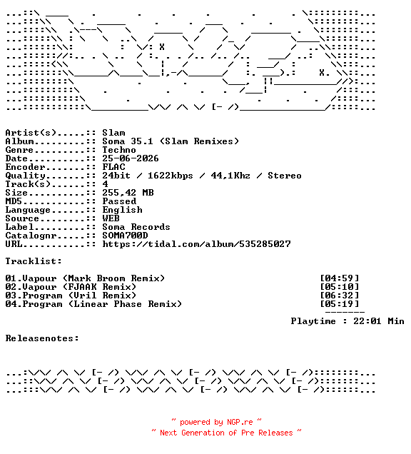 NFO for the release Slam-Soma_35.1_Slam_Remixes-SOMA700D-24BIT-WEB-FLAC-2026-WAVED by WAVED