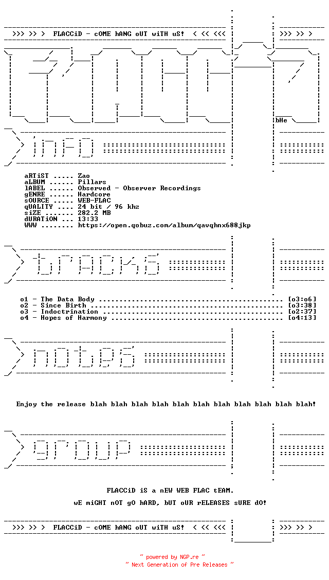 NFO for the release Zao-Pillars-EP-24BIT-96KHZ-WEB-FLAC-2026-FLACCiD by FLACCiD
