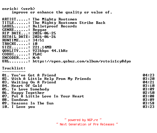 NFO for the release The_Mighty_Rootsmen-The_Mighty_Rootsmen_Strike_Back-16BIT-WEB-FLAC-2026-ENRiCH by ENRiCH