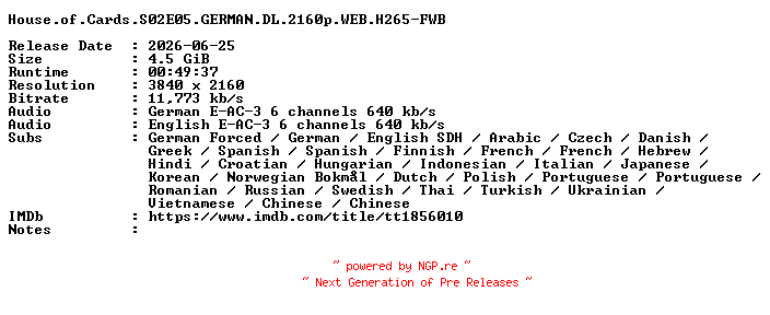 NFO for the release House.of.Cards.S02E05.GERMAN.DL.2160p.WEB.H265-FWB by FWB