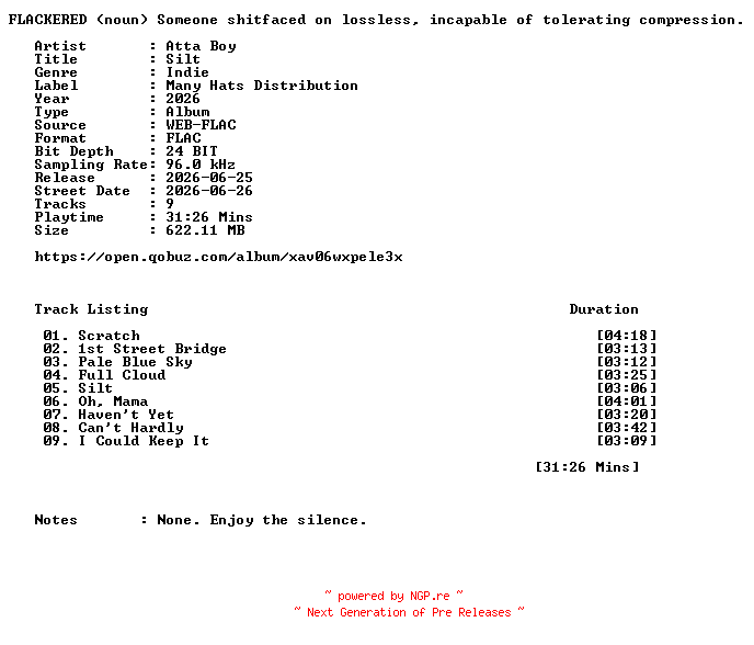 NFO for the release Atta_Boy-Silt-24BIT-96KHZ-WEB-FLAC-2026-FLACKERED by FLACKERED