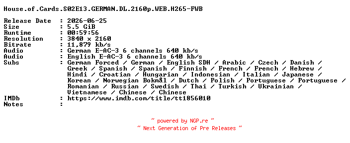 NFO for the release House.of.Cards.S02E13.GERMAN.DL.2160p.WEB.H265-FWB by FWB