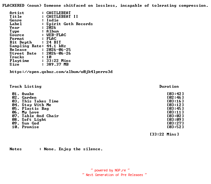 NFO for the release CASTLEBEAT-CASTLEBEAT_II-24BIT-44KHZ-WEB-FLAC-2026-FLACKERED by FLACKERED