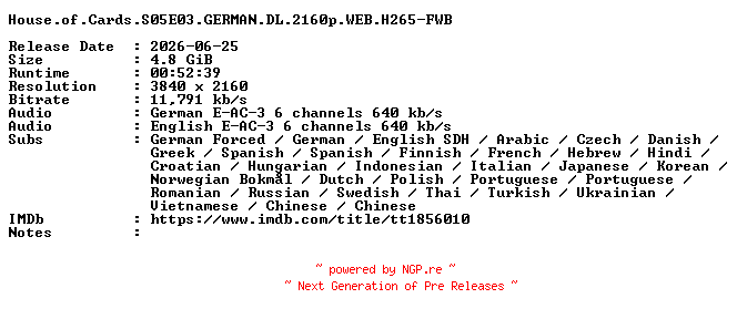 NFO for the release House.of.Cards.S05E03.GERMAN.DL.2160p.WEB.H265-FWB by FWB