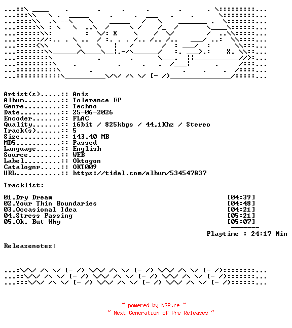 NFO for the release Anis-Tolerance_EP-OKT009-16BIT-WEB-FLAC-2026-WAVED by WAVED