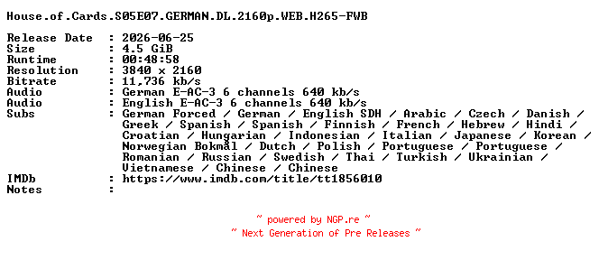 NFO for the release House.of.Cards.S05E07.GERMAN.DL.2160p.WEB.H265-FWB by FWB