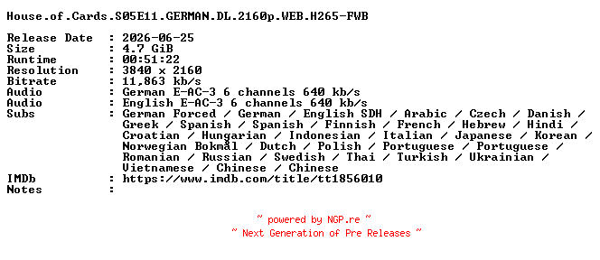 NFO for the release House.of.Cards.S05E11.GERMAN.DL.2160p.WEB.H265-FWB by FWB