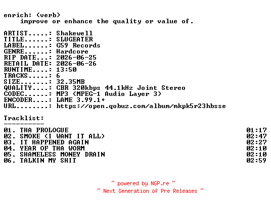 NFO for the release Shakewell-SLUGEATER-EP-WEB-2026-ENRiCH by ENRiCH