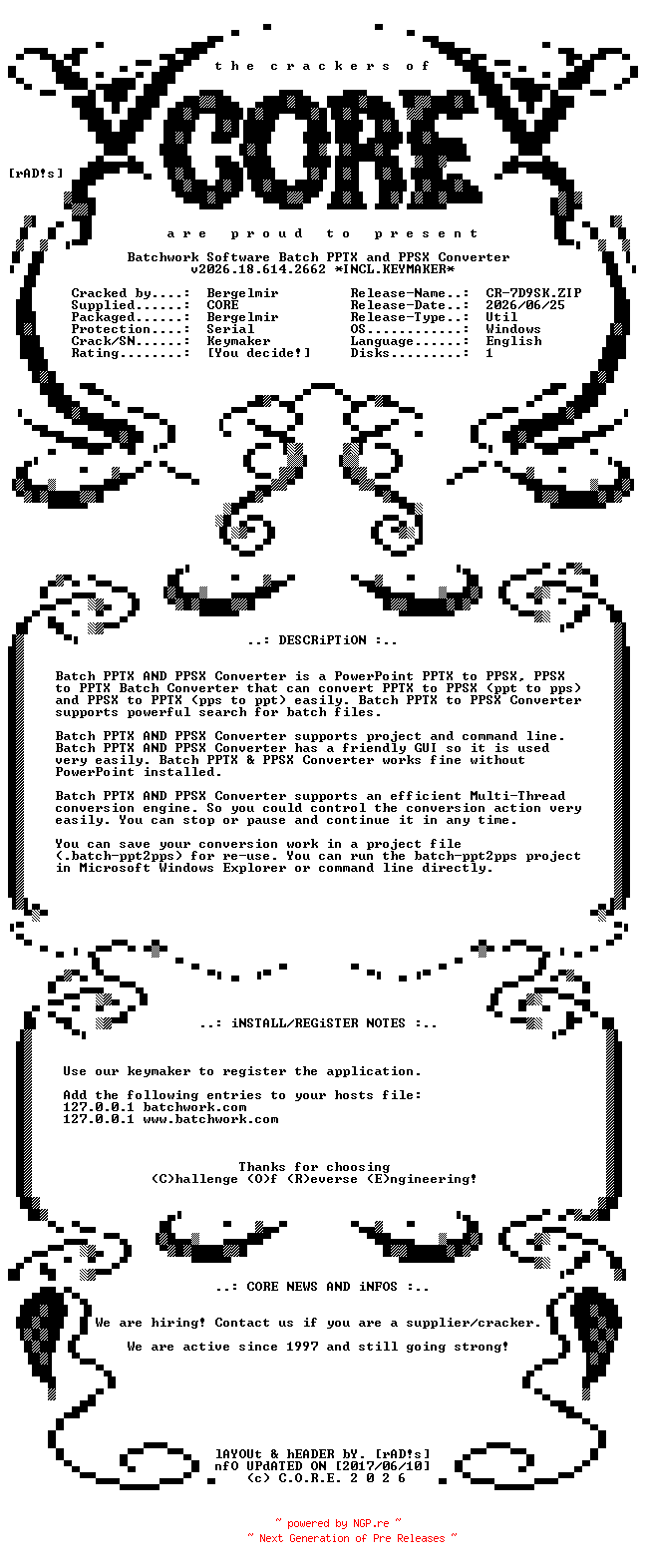 NFO for the release Batchwork.Software.Batch.PPTX.and.PPSX.Converter.v2026.18.614.2662.Incl.Keymaker-CORE by CORE