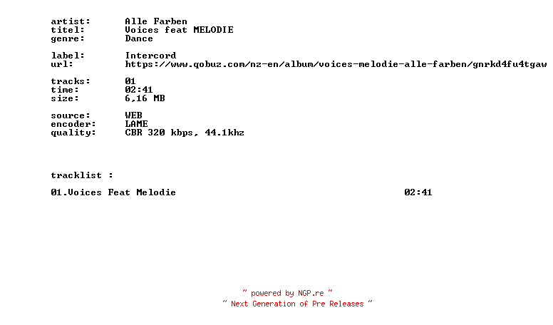 NFO for the release Alle_Farben_-_Voices_Feat_MELODIE-SINGLE-WEB-2026-BITCOINS by BITCOINS