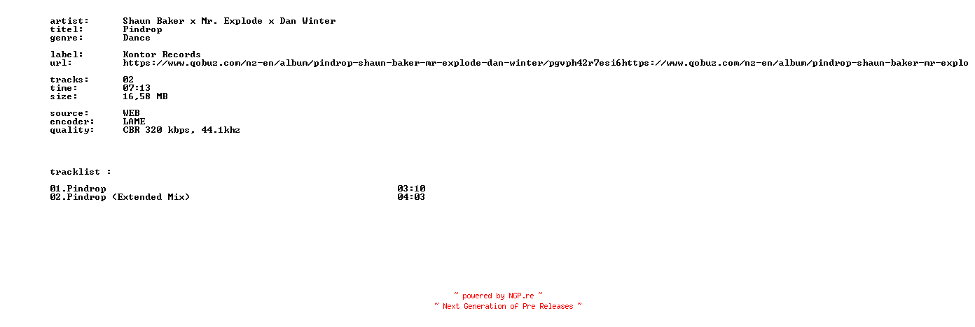 NFO for the release Shaun_Baker_X_Mr._Explode_X_Dan_Winter_-_Pindrop-WEB-2026-BITCOINS by BITCOINS