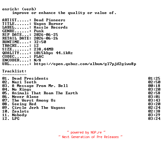 NFO for the release Dead_Pioneers-Wagon_Burner-16BIT-WEB-FLAC-2026-ENRiCH by ENRiCH