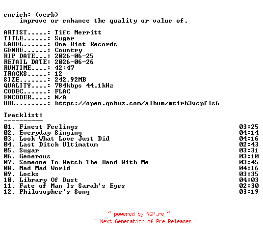 NFO for the release Tift_Merritt-Sugar-16BIT-WEB-FLAC-2026-ENRiCH by ENRiCH