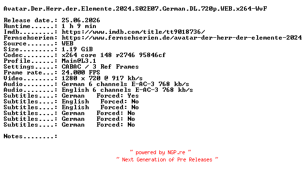 NFO for the release Avatar.Der.Herr.der.Elemente.2024.S02E07.German.DL.720p.WEB.x264-WvF by WvF
