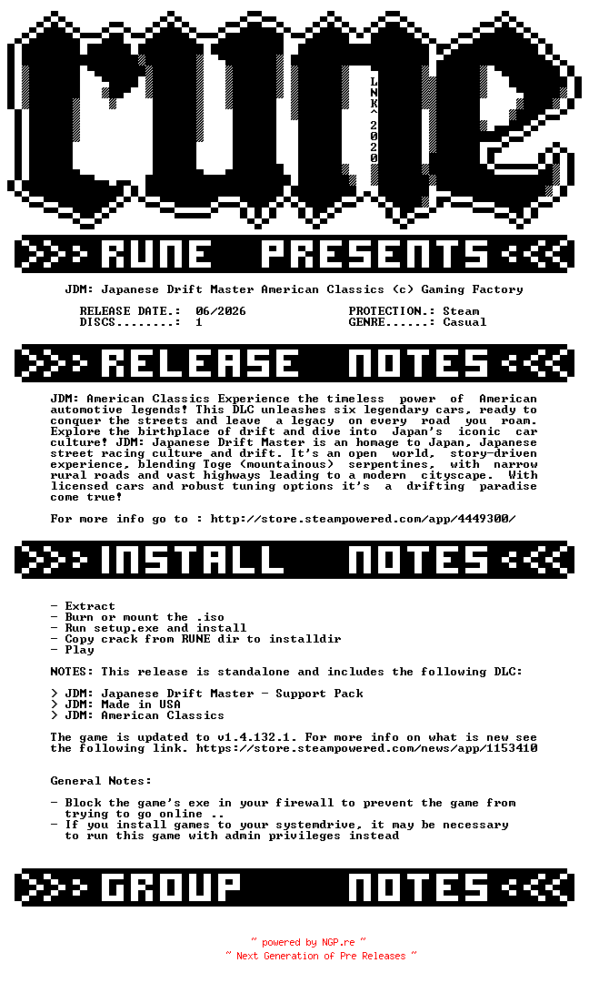 NFO for the release JDM.Japanese.Drift.Master.American.Classics-RUNE by RUNE