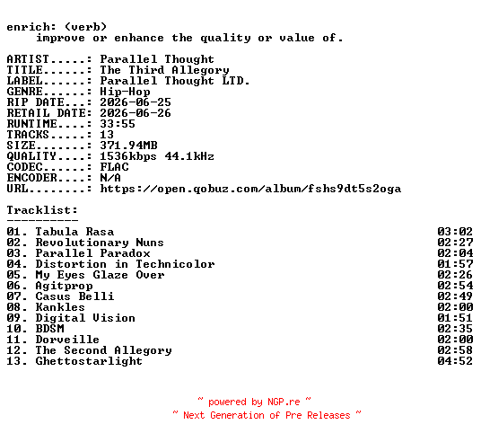NFO for the release Parallel_Thought-The_Third_Allegory-24BIT-WEB-FLAC-2026-ENRiCH by ENRiCH