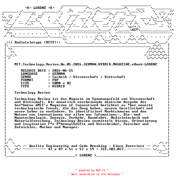 NFO for the release MIT.Technology.Review.No.05.2026.GERMAN.HYBRID.MAGAZINE.eBook-LORENZ by LORENZ
