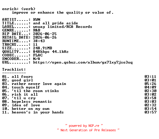 NFO for the release KWN-and_all_pride_aside-16BIT-WEB-FLAC-2026-ENRiCH by ENRiCH