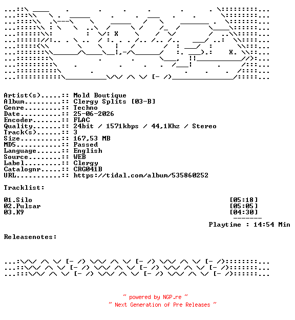 NFO for the release Mold_Boutique-Clergy_Splits_03-B-CRG041B-24BIT-WEB-FLAC-2026-WAVED by WAVED