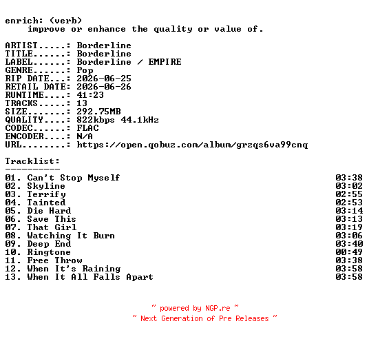 NFO for the release Borderline-Borderline-24BIT-WEB-FLAC-2026-ENRiCH by ENRiCH