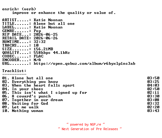 NFO for the release Katie_Noonan-Alone_but_all_one-16BIT-WEB-FLAC-2026-ENRiCH by ENRiCH