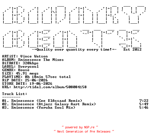 NFO for the release Vince_Watson-Eminesence_The_Mixes-(ESOL027)-WEB-2026-BB by BB
