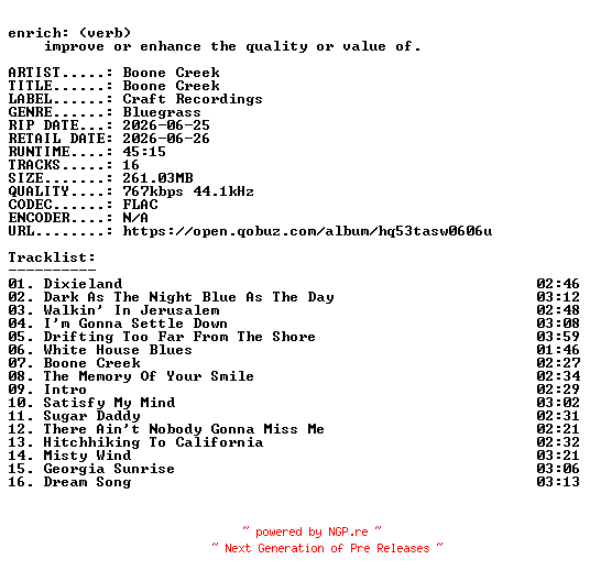 NFO for the release Boone_Creek-Boone_Creek-16BIT-WEB-FLAC-2026-ENRiCH by ENRiCH