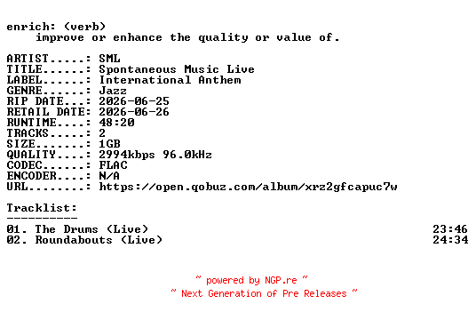 NFO for the release SML-Spontaneous_Music_Live-24BIT-WEB-FLAC-2026-ENRiCH by ENRiCH