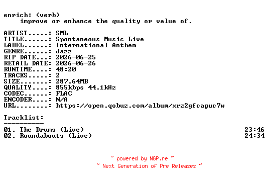 NFO for the release SML-Spontaneous_Music_Live-16BIT-WEB-FLAC-2026-ENRiCH by ENRiCH
