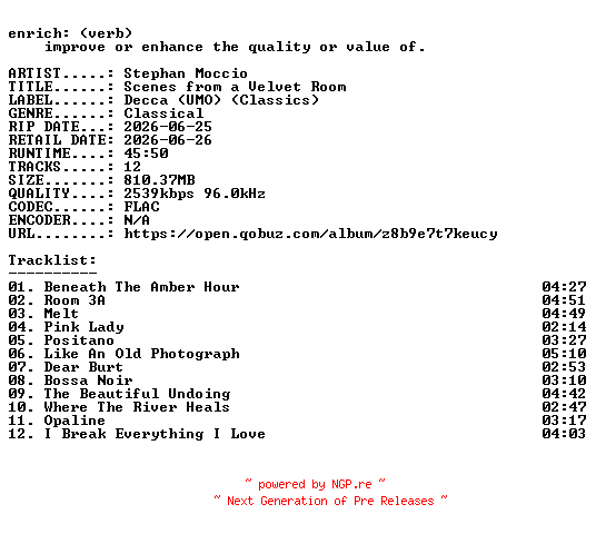NFO for the release Stephan_Moccio-Scenes_from_a_Velvet_Room-24BIT-WEB-FLAC-2026-ENRiCH by ENRiCH