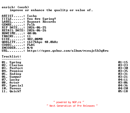 NFO for the release Tasha-You_Are_Spring-24BIT-WEB-FLAC-2026-ENRiCH by ENRiCH