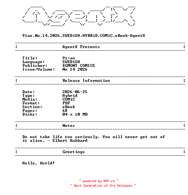 NFO for the release 91an.No.14.2026.SWEDiSH.HYBRiD.COMiC.eBook-AgentX by AgentX