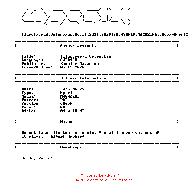 NFO for the release Illustrerad.Vetenskap.No.11.2026.SWEDiSH.HYBRiD.MAGAZiNE.eBook-AgentX by AgentX