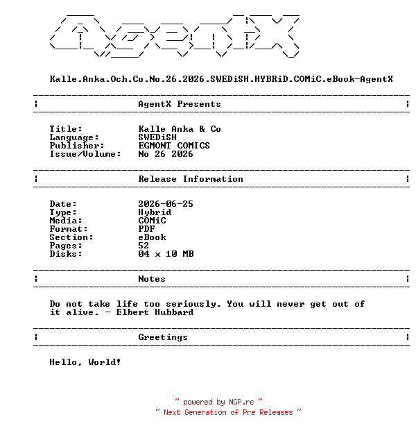 NFO for the release Kalle.Anka.Och.Co.No.26.2026.SWEDiSH.HYBRiD.COMiC.eBook-AgentX by AgentX