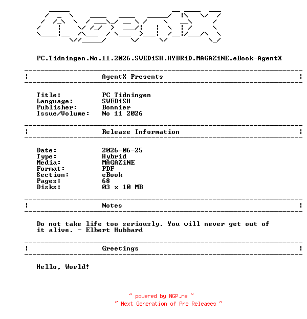 NFO for the release PC.Tidningen.No.11.2026.SWEDiSH.HYBRiD.MAGAZiNE.eBook-AgentX by AgentX