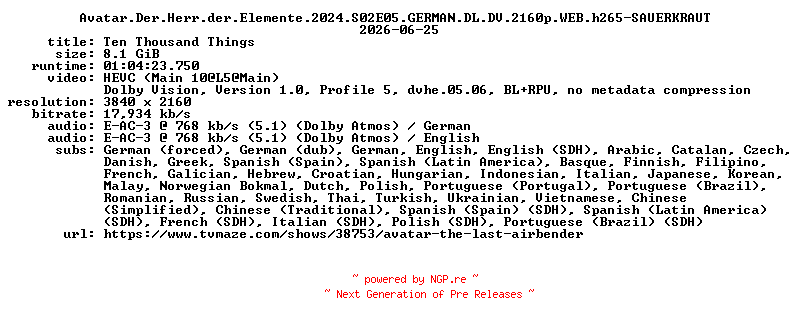 NFO for the release Avatar.Der.Herr.der.Elemente.2024.S02E05.GERMAN.DL.DV.2160p.WEB.h265-SAUERKRAUT by SAUERKRAUT