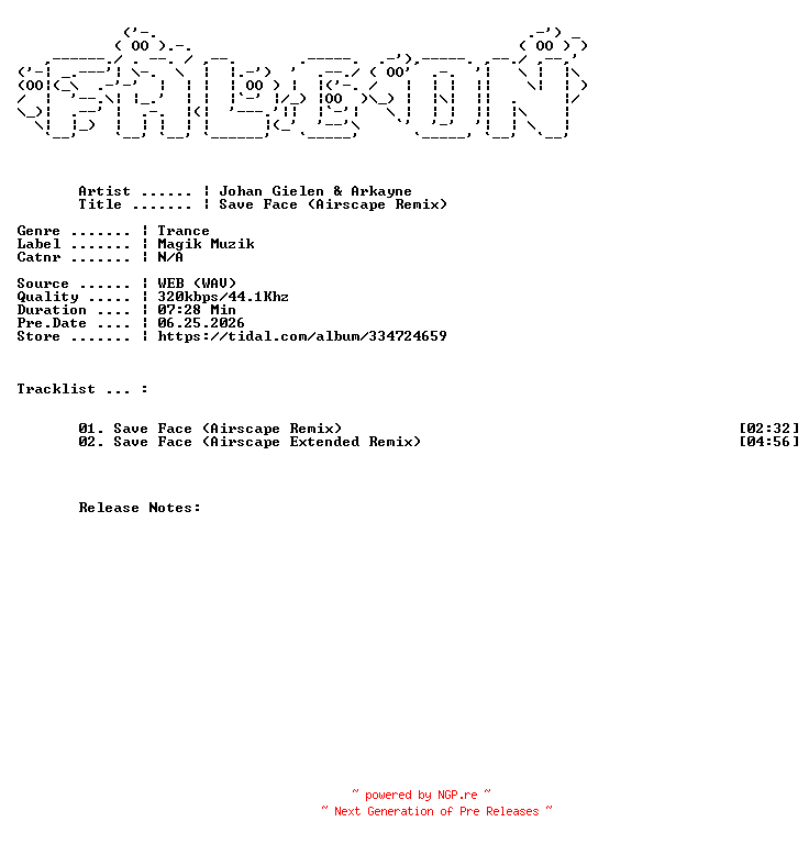 NFO for the release Johan_Gielen_And_Arkayne-Save_Face_Airscape_Remix-WEB-2024-FALCON by FALCON