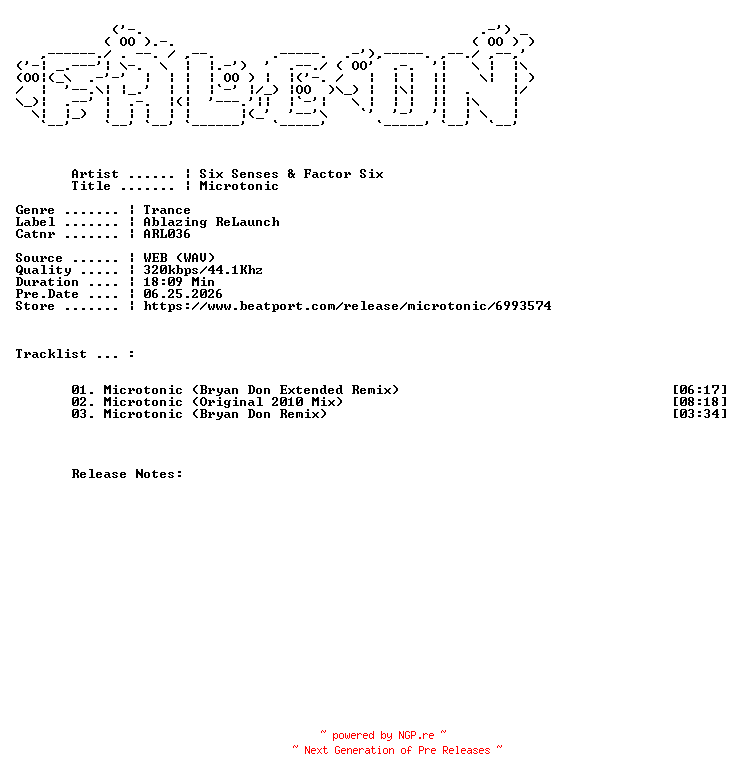 NFO for the release Six_Senses_And_Factor_Six-Microtonic-(ARL036)-WEB-2026-FALCON by FALCON