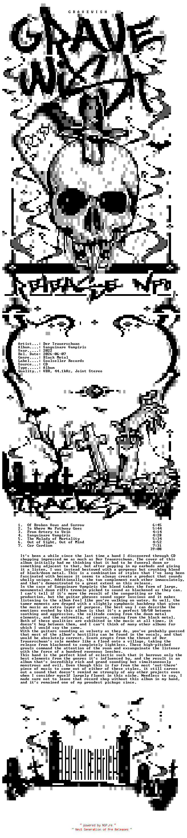 NFO for the release Der_Trauerschwan-Sanguinare_Vampiris-CD-2022-GRAVEWISH by GRAVEWISH