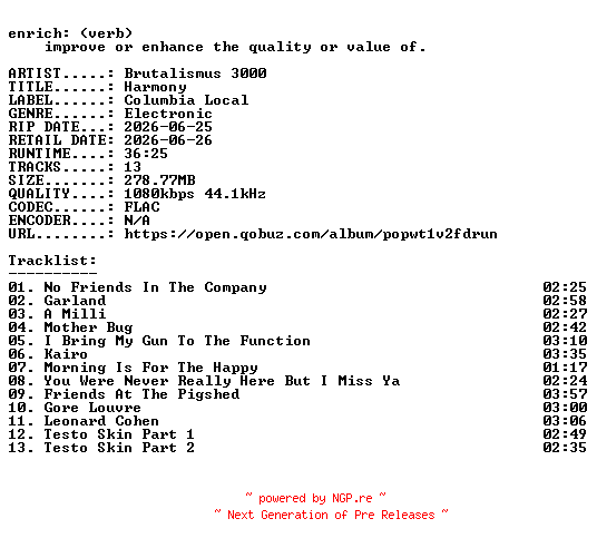 NFO for the release Brutalismus_3000-Harmony-16BIT-WEB-FLAC-2026-ENRiCH by ENRiCH